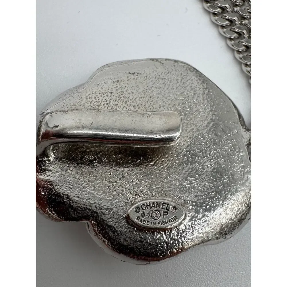 Chanel 04P Camellia CC Charm Silver Tone Chain Belt Pink Enamel Vintage